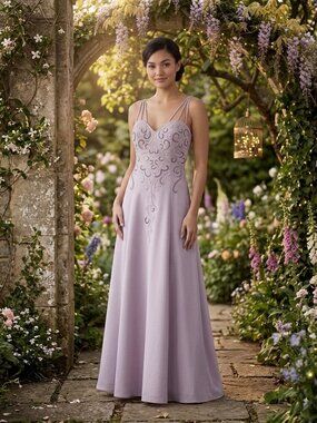 VTG 90s Y2K Alyce Designs Prom Dress Lilac Beaded Satin Gown Pastel Goth W:28" M